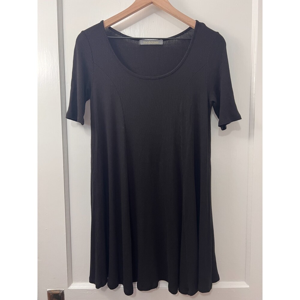 Finn & Clover Women's Black Dress Ribbed Short Sleeve Rayon Spandex Size S